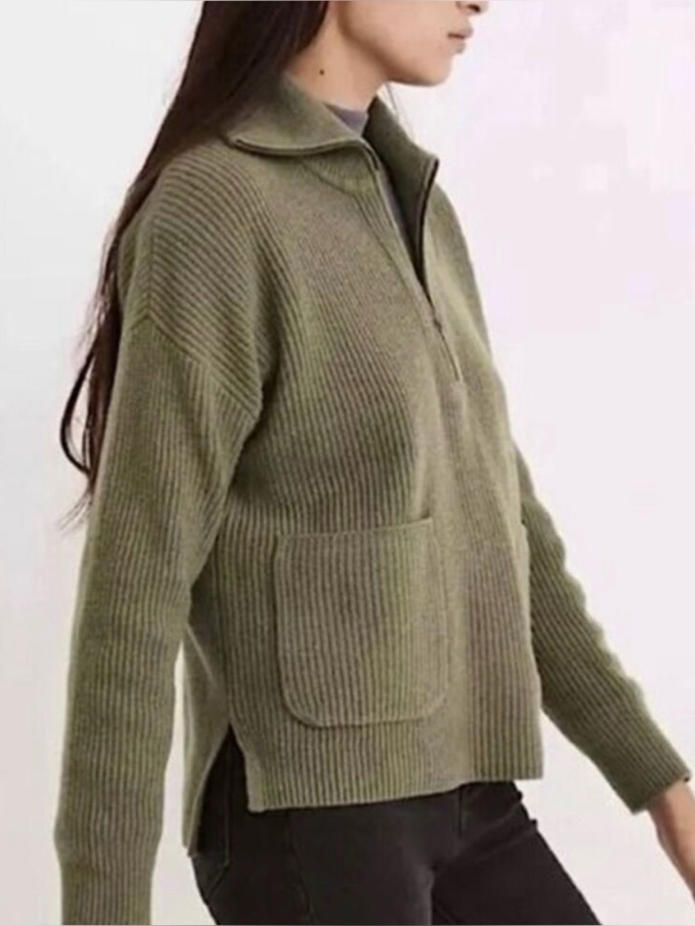 Madewell Glenbrook Half Zip Sweater Merino Wool Olive Green Women's XS Oversize